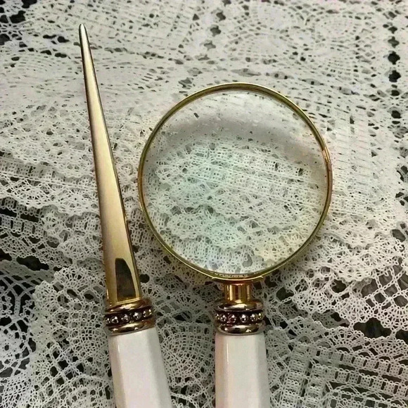 Vintage Cobalt Blue & White Porcelain Desk Set,  Magnifying Glass, Letter Opener - Picture 10 of 16